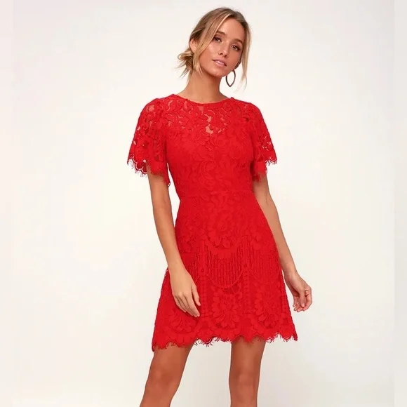 red dress with white lace Destiny Lace Maxi Dress Burgundy main image 1